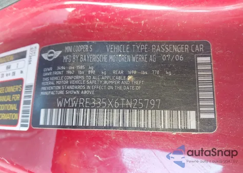 2006 Mini Cooper S from USA, damaged, VIN WMWRE335X6TN25797